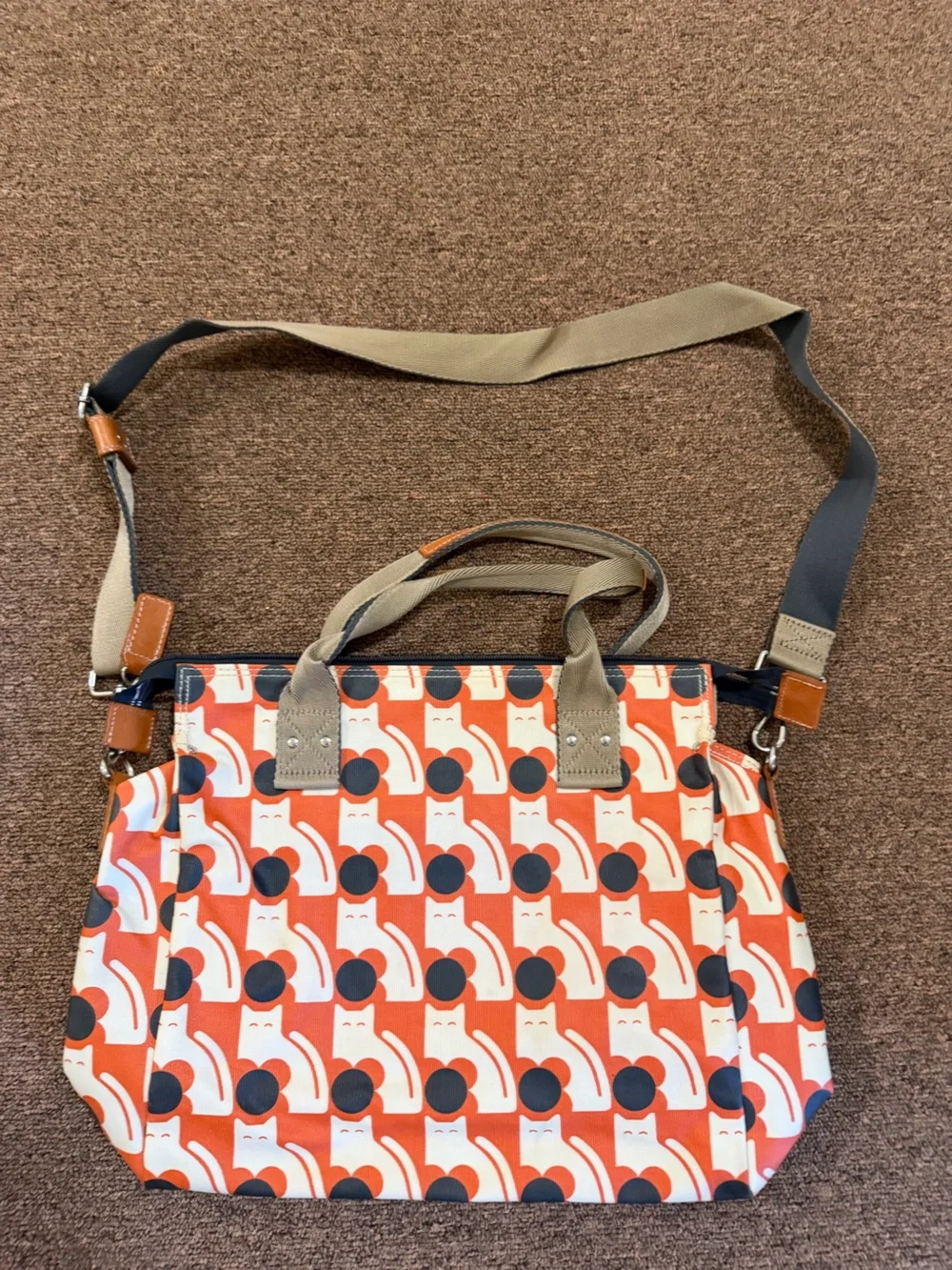 Orla Kiely Cat Print Rick Bag Orange Cream Tote Crossbody Rare